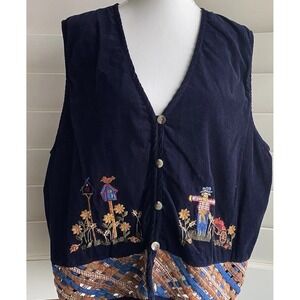 Vtg VJ Woman Navy Blue Corduroy Cotton Scarecrow Fall Embroidered Vest Plus 2X
